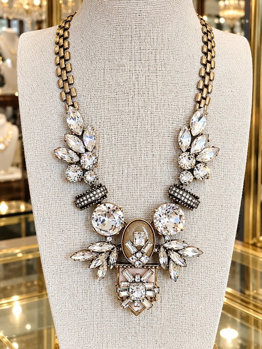 J. Crew Runway Antiqued Brass Tone Hardware Clear Rhinestones Statement Necklace